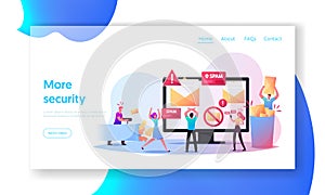 Virus, Piracy, Hacking and Security, E-mail Protection Landing Page Template. Tiny Characters at Huge Computer with Spam