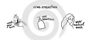 Virus protection. Doodle style vector images. Medical icons. Health protection