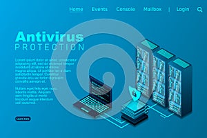 Virus protection vector illustration. Computer protection by antivirus software. Internet security. Cyber attack on the computer.