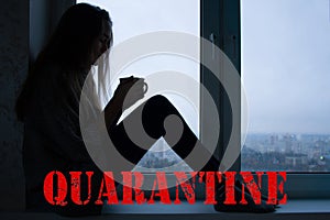 Virus quarantine background. Coronavirus backdrop with lettering, silhouette of young beautiful woman