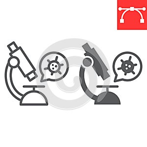 Virus research line and glyph icon, HIV and coronavirus, microscope sign vector graphics, editable stroke linear icon