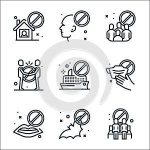 virus restrictions line icons. linear set. quality vector line set such as bench, bat, no touch, mask, cruise, no handshake, no