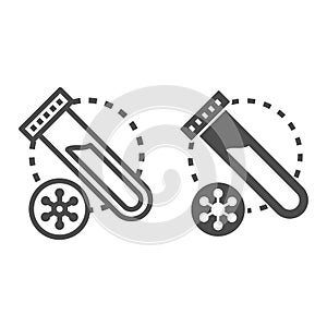 Virus sample for analysis line and solid icon, Medical tests concept, Plastic test tube with blood sign on white
