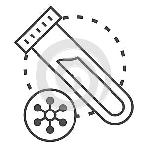 Virus sample for analysis thin line icon, Medical tests concept, Plastic test tube with blood sign on white background