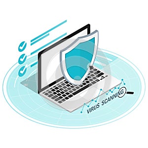 Virus scan computer security malware laptop,computer security shield guard isometric flat vector
