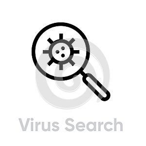 Virus Search on Magnifier sign logo vector icon. Editable line pictogram.