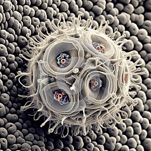Virus seen under a electron microscope. Generative Ai
