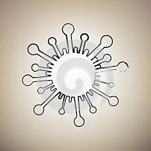 Virus sign illustration. Vector. Brush drawed black icon at light brown background. Illustration.