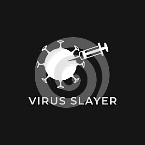 VIRUS SLAYER LOGO TEMPLATE, WITH VIRUS AND VACCINE INJECTION ILLUSTRATION