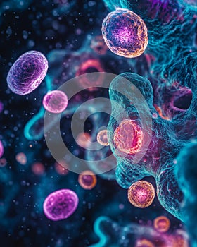 Virus structure, Pathogenic microorganisms, Microscopic of a pink virus, AI Generated