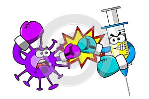 Virus and syringe cartoon characters or mascots combating or fighting like boxers with gloves isolated vector illustration.
