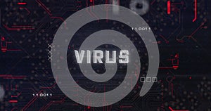 Virus text image over digital circuit board background with binary code