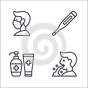 Virus transmission line icons. linear set. quality vector line set such as vomit, alcohol gel, thermometer