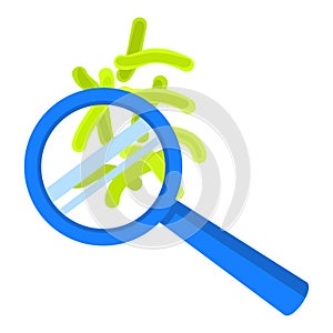 Virus under magnify glass icon, flat style