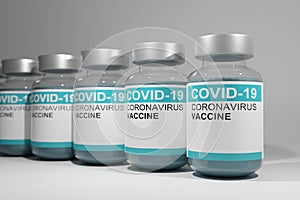 Virus vaccine development of a coronavirus COVID-19. Vaccine bottle in concept of insurance and fight against coronavirus 2019. 3D