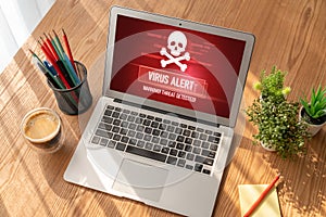 Virus warning alert on computer screen detected modish cyber threat