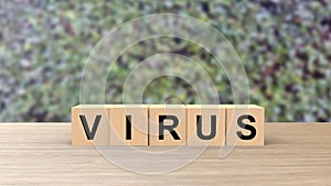 Virus - word wooden cubes on table horizontal blur background climbing green leaves, corona virus, infected wood, hacker attack