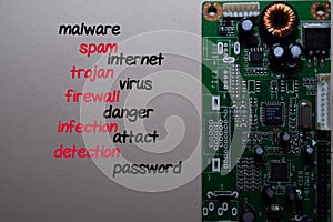 Virus write on a paper with keyword and circuit board computer isolated on office desk