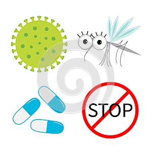 Virus Zika icon set. Mosquito. Cute cartoon insect character. Stop red sign Pill Flat design. Isolated. White background. photo