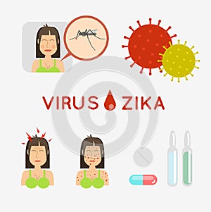 Virus zika vector illustration. Mosquito infected with zika virus, infects a girl. Epidemic of zika virus. Risk of Contracting