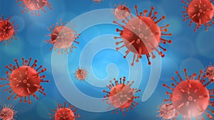 Viruses background. Coronavirus Covid19 realistic molecules. Red bacteria, global epidemic and pandemic. Viral diseases