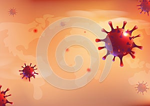 Viruses background with world map, coronavirus outbreak spreading, viral disease pandemic vector illustration