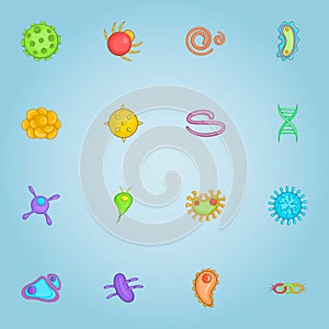 Viruses and bacteria icons set, cartoon style