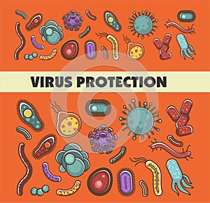 Viruses and bacteria information poster for medical healthcare infographics or bacteriology science.