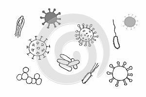 Viruses and bacteria isolated icons vector set. Hand Line Pencil Drawing. Grey signs on white background. Pandemic