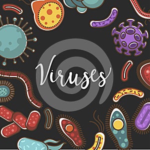 Viruses and bacteria vector poster design for medical healthcare and biology or bacteriology science