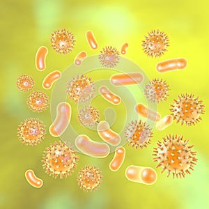 Viruses and bacteria on yellow background, 3D illustration