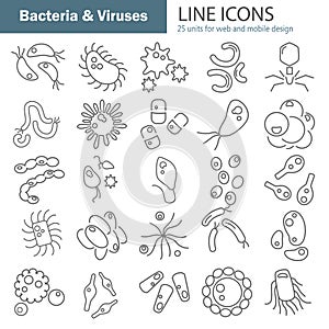 Viruses and bacterias line icons set for web and mobile design
