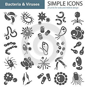 Viruses and bacterias simple icons set for web and mobile design