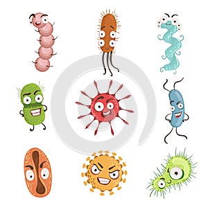 Viruses And Bacterria Cartoon Characters Set photo