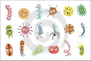 Viruses And Bacterria Cartoon Characters Set photo