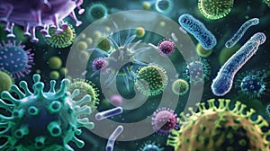 Viruses and batteries - microscope super macro view on a blur background