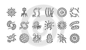 Viruses black line icons set. Respiratory infections. Bacteria, microorganisms signs. Microscopic germ cause diseases concept.