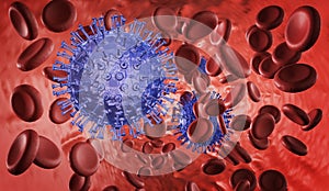 Viruses in blood. Blue virus float between red blood cell.