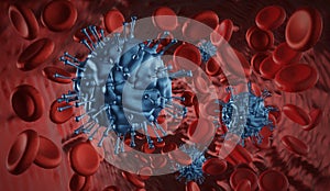 Viruses in blood. Blue virus float between red blood cell.