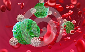 Viruses in blood. Danger of epidemic. Leukocytes attack virus. Immunity of body photo