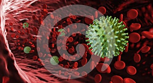 Viruses in blood. Green virus float between red blood cell.