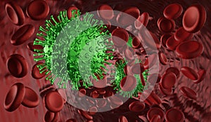Viruses in blood. Green virus float between red blood cell.