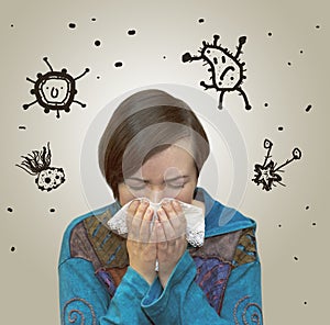 Viruses flying around sneezing women