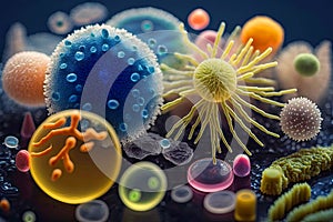 Viruses, germs and bacteria, types of microorganisms under microscopic magnification. Macro.Generative AI illustration.