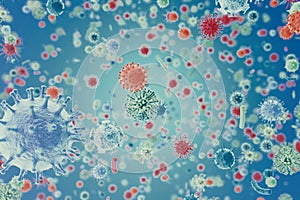 Viruses in infected organism, viral disease epidemic, virus abstract background. 3d rendering photo