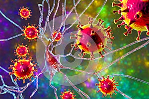 Viruses infecting neurons, concept for brain infection, 3D illustration photo