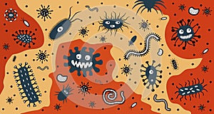 Viruses and parasites in the organism. Germs and bacteria. Pathogenic environment. Vector illustration