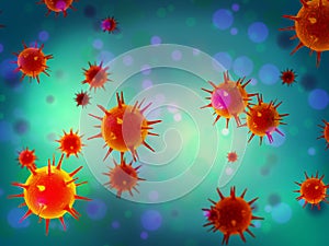 Viruses pathogenic microbes and bacteria under microscope 3d illustration. Flu cells and infectious diseases