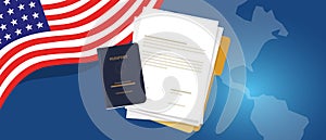 Visa application document or work student permit for US United States of America. Passport and paper symbol of
