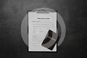 Visa application form for immigration and passport on grey table, top view